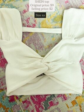 SHEIN Cream Ribbed Twist-Front Crop Top